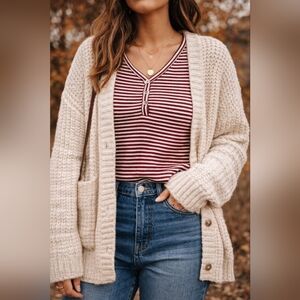 SugarKiss Burgundy & White Striped Henley Long Sleeve Top Size M